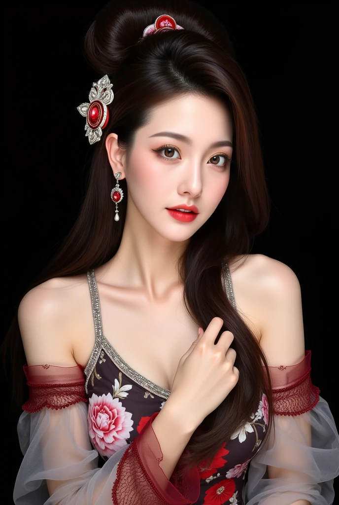 Gray-haired woman, Gray eyes, Royal Family, Red Dress, Red jewelry, Red earrings, lunar calendar, noble, lady, high quality, Very detailed, Delicate face, masterpiece, castle, Drink tea, garden, Flowers, lamp