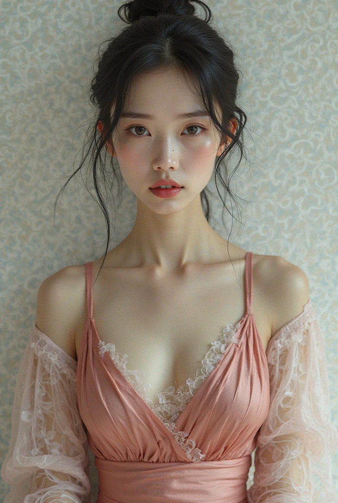(Highest quality:1.4),(masterpiece:1.4),(Realistic:1.4),(Realistic:1.2),(超High resolution, RAW Photos:1.4),(High resolution, Very detailed:1.2),(8k:1.2),photograph,(Shot from behind:1.3)、Korean women、brown hair photos,One Woman,alone,(In underwear),Very large breasts,((Thigh to head shot:1.3))、(((topless、You can see her large breasts from the side.)))、((Smile))、((Very large breasts:1.4))、Realistic skin textures、Slightly freckled、Slender figure、Realistic skin textures、((background,Concrete wall:1.3)),(topless,The breast is visible from the side:1.6),(Long lace slip,White)、3 woman、The angle at which the nipple is not visible、((Updo long hairstyle))、((White,Long lace slip:1.4))、Correct toes、Detailed facial features、Long slip covers the buttocks and soles of the feet、Long slip covers your butt、