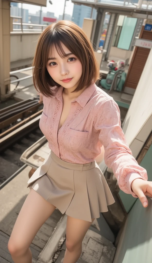 walk in the big city、group of buildings、((whiteYPlease unbutton your shirt)、(YPlease open the front of your shirt))、No bra、(mini skirt、((lift up the skirt)、skirt lift))、(skirt lift、lift up the skirt)、(YShirt fully open)、YTake off your shirt、(I can see pink pants、Show pink panties)、whiteブラジャーが見える、pretty girl、Gravure idol、A beautiful girl of the nation、baby face、round eyes、Thin eyebrows、smile、duck mouth、fine skin、delicate hair、big and full breasts、thin waist、Navel exposed、very short hair、Full body Esbian、highest quality、8K、no makeup、masterpiece、ultra high resolution、Photoreal、professional lighting、Cinematography、smile、dimple、shot from below front
