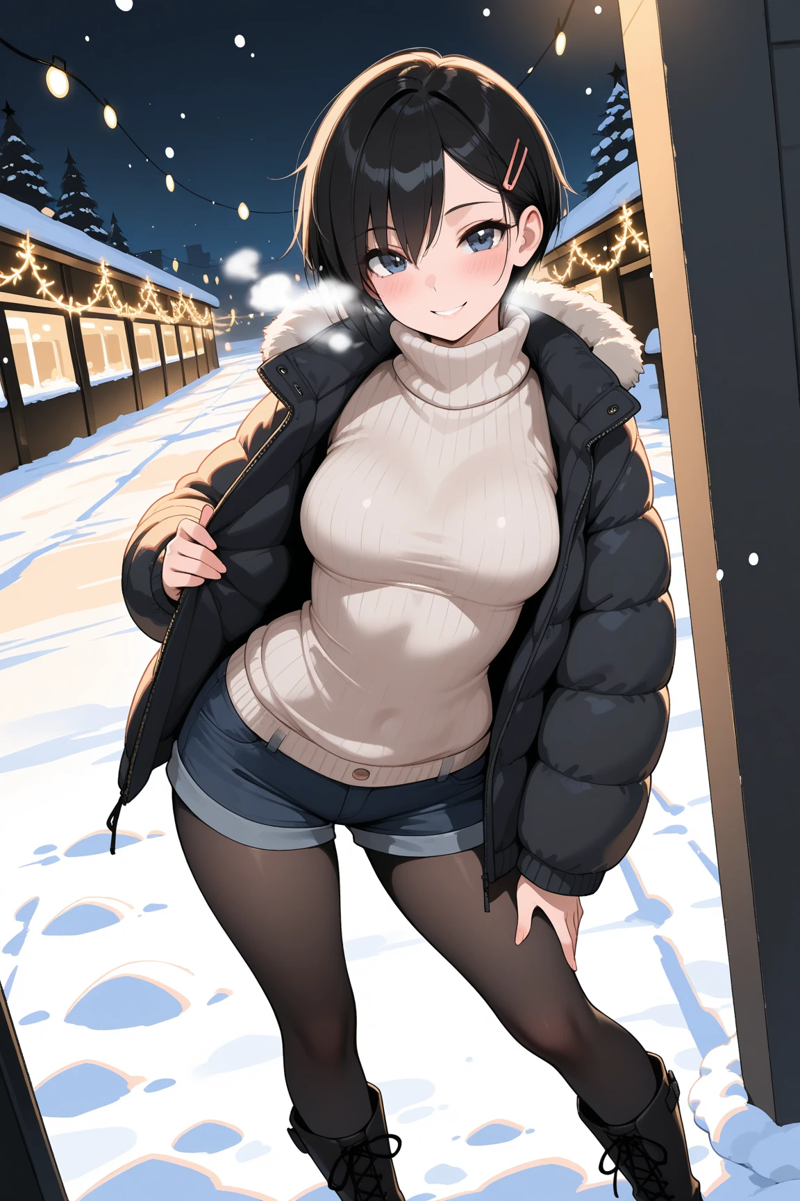 (masterpiece:1.3),(best quality:1.4),ultra high res,(detailed eyes),(detailed facial features),(detailed clothes features),HDR,8k resolution, solo focus, bangs, skin tight, (shiny skin),(slender girl),dreamlike,
(extreme detailed illustration),check commentary,commentary request,scenery,no text,
<lora:VirtualGirl-Rin:0.3>VirtualGirl-Rin, happy, smile, (small breasts), bangs, bob hair, short hair, brown hair, brown eyes, black choker,
1girl, (solo),
Long red scarf,Pink long-sleeved sweater,Red cotton skirt,White snow boots,