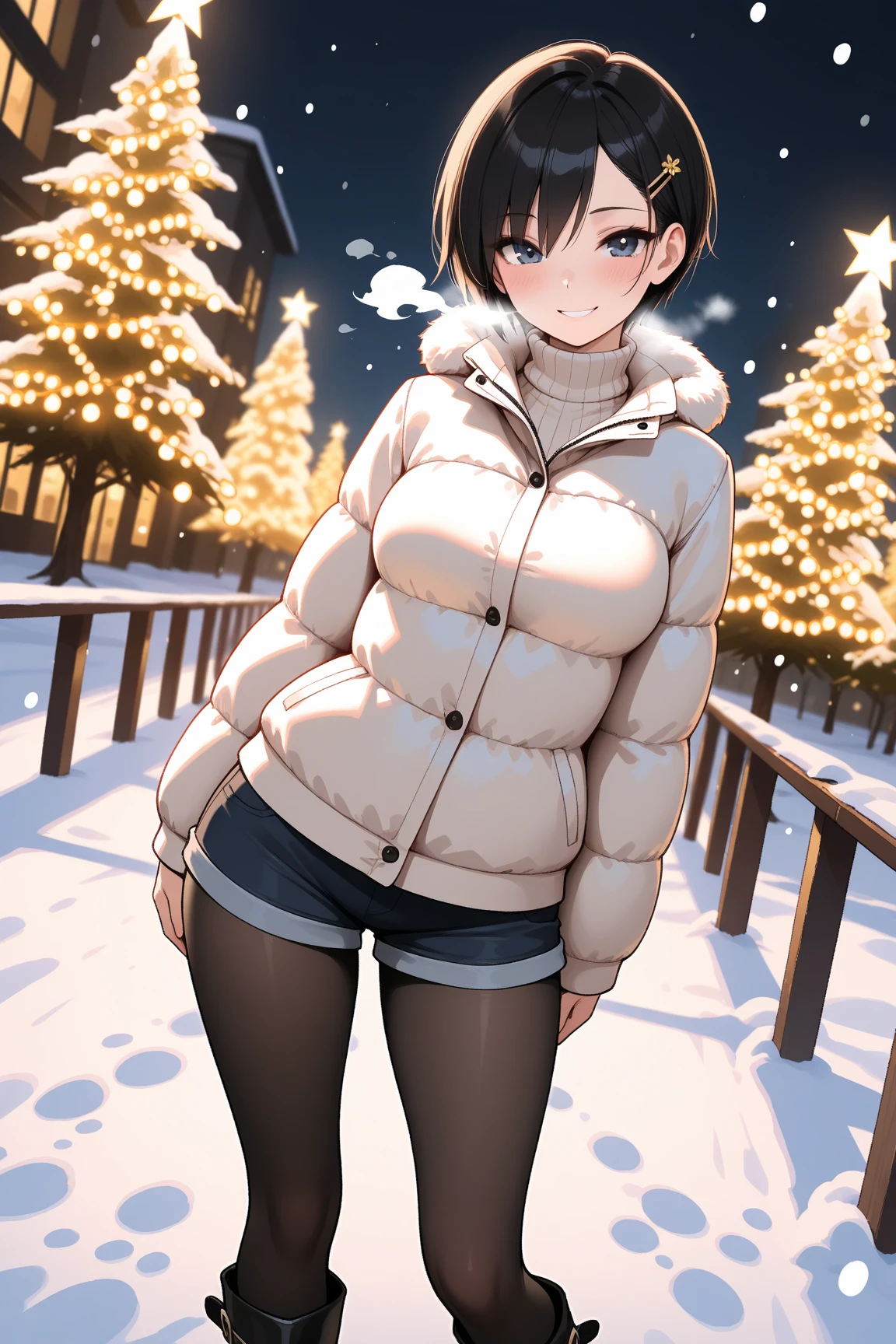 (masterpiece:1.3),(best quality:1.4),ultra high res,(detailed eyes),(detailed facial features),(detailed clothes features),HDR,8k resolution, solo focus, bangs, skin tight, (shiny skin),(slender girl),dreamlike,
(extreme detailed illustration),check commentary,commentary request,scenery,no text,
<lora:VirtualGirl-Rin:0.3>VirtualGirl-Rin, happy, smile, (small breasts), bangs, bob hair, short hair, brown hair, brown eyes, black choker,
1girl, (solo),
Long red scarf,Pink long-sleeved sweater,Red cotton skirt,White snow boots,