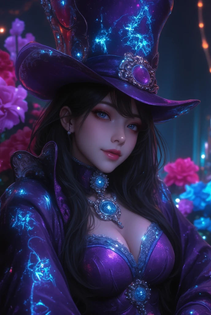 One wearing a purple dress,Woman in purple hat holding blue fire, ahri, portrait of ahri, seraphine ahri kda, ahri from league of legend, Extremely detailed Artgerm, Style Artgerm, league of legends character art, Official Splash Art, Splash Art, league of legends splashart, Artgerm Plat