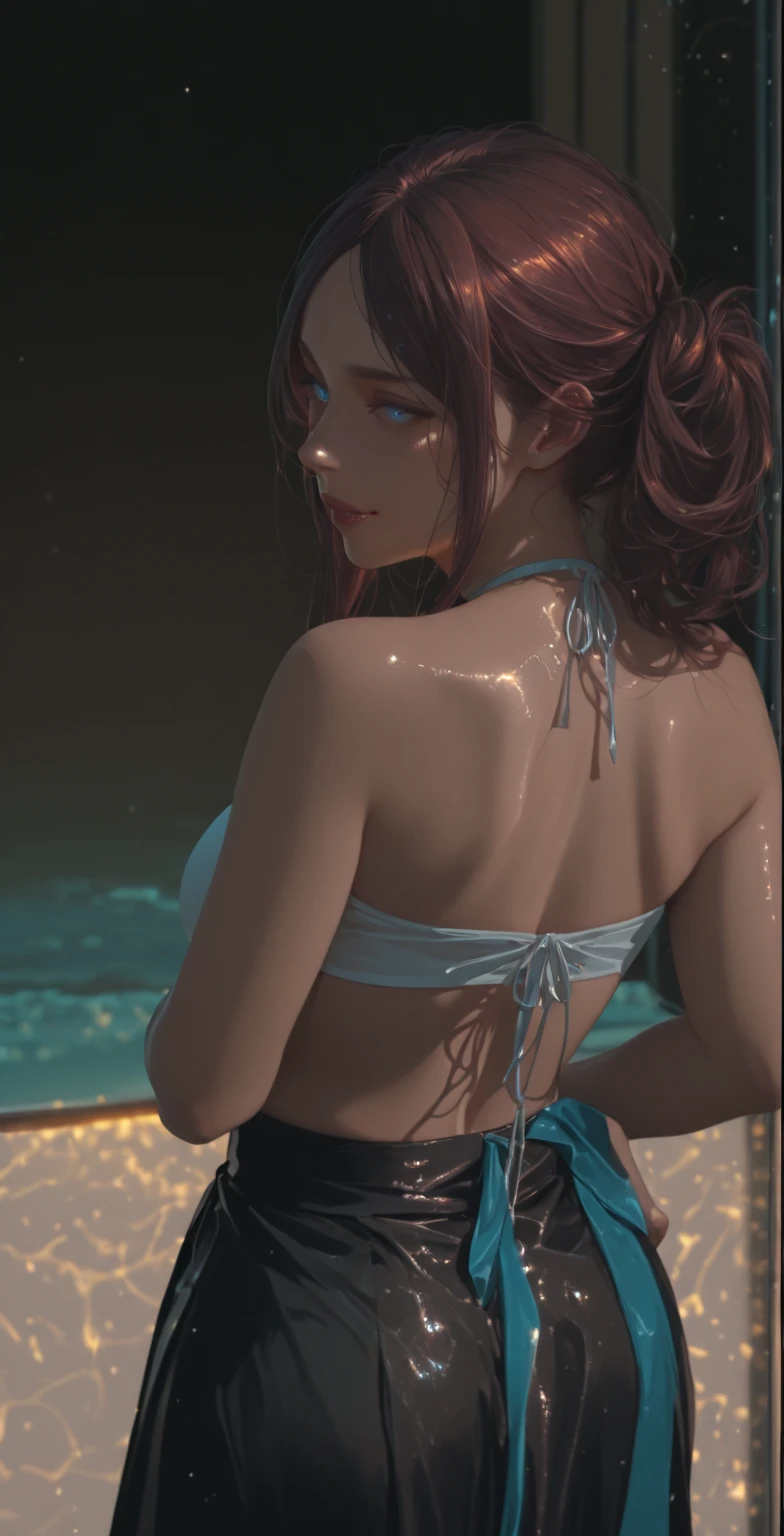 Calidad 3, Wet anime, hiper detalles, Vista de cuerpo completo, Wet anime 20-year-old white woman with randomly dyed hair Wet hair tied back with a red ribbon Her eyes are the same color as her wet hair, delgado, super close-fitting clothes: top blanca de tubo Nano y Nano Lycras, A jungle background under a constant torrential rain that soaked them, Backward wet posture, mostrando su hermoso cuerpo 92 59 90, cara coqueta, pedestal invisible,, movie grain, Colores Fuji, Contraste de luz y sombra, piel texturizada, dynamic pose, realismo, luz del sol, alto contraste, HDR (High Dymanic Range), Trazado de rayos, NVIDIA RTX, Super resolution, Irreal 5, Sub-Surface Scatterring, Textura PBR, Post-procesamiento, Anisotropic filtering, profundidad de campo, Maximum clarity and sharpness, Texturas multicapa, Albedo y mapas especulares, Sombreado de superficies, Accurate simulation of light-material interaction, proporciones perfectas, Renderizado de alto octanaje, two-color illumination, amplia apertura, ISO bajo, 8k,camara CANON eos profesional lens 50mm