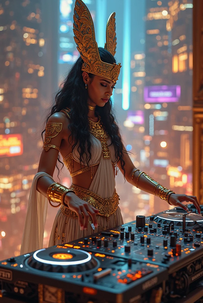 Tantric priestess with tattoos and percings and an ironman mask mixing music on a DJ turntable at a Hindu temple Ultra-realistic photo -- --auto