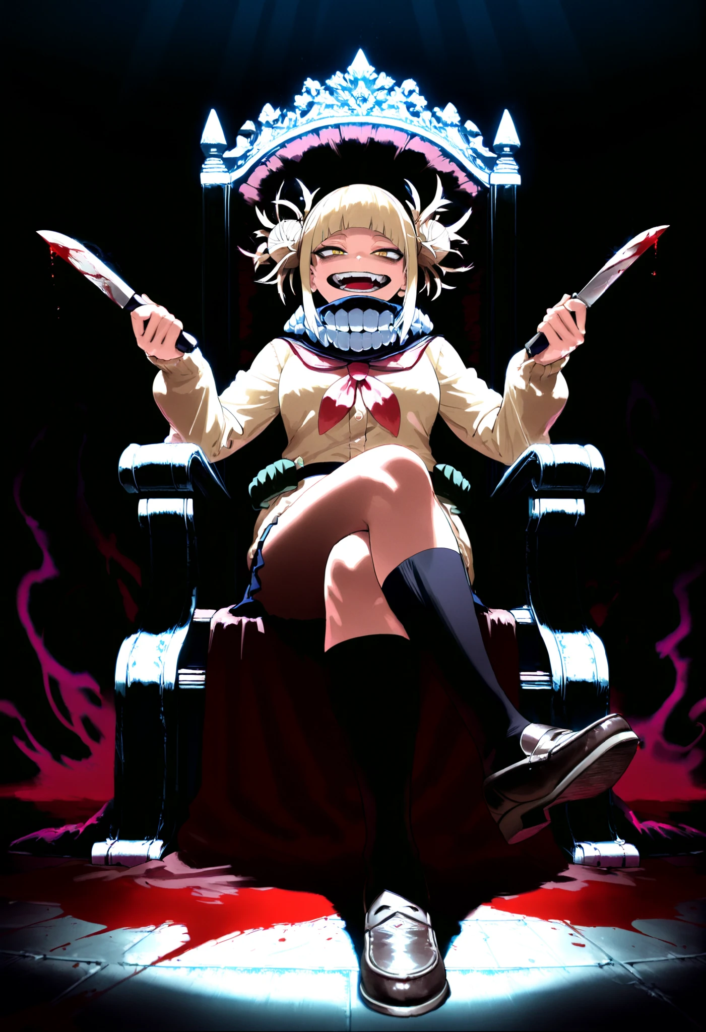 score_8, score_9, Toga Himiko, socks, loafers, sitting on a bloody throne, crossed legs, holding a knife, dark aura, floor covers in blood, blood_covered, dark background, spotlight, 8k , masterpiece , best quality , natural light , accurate , evil smile, open mouth