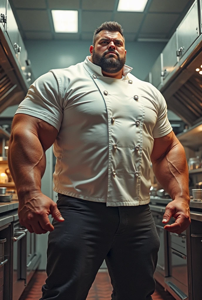 Bulky hunk, middle aged sexy muscle man, manly, facial hair, (Shirtless in apron), hairy pecs, sweating, erotic pose, nsfw