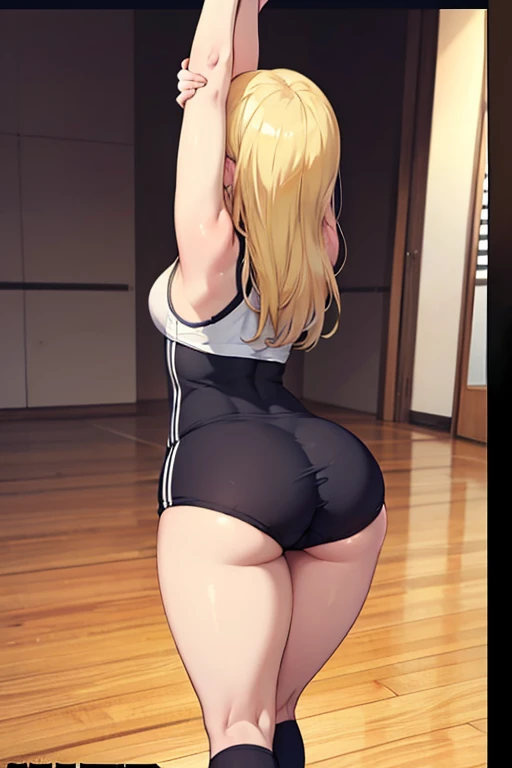 (de primera calidad, masterpiece: 1.1), 1 chica karate, caderas anchas, showing the butt, con el uniforme de karate, Squat, cara pervertida, manos en las piernas, rubia