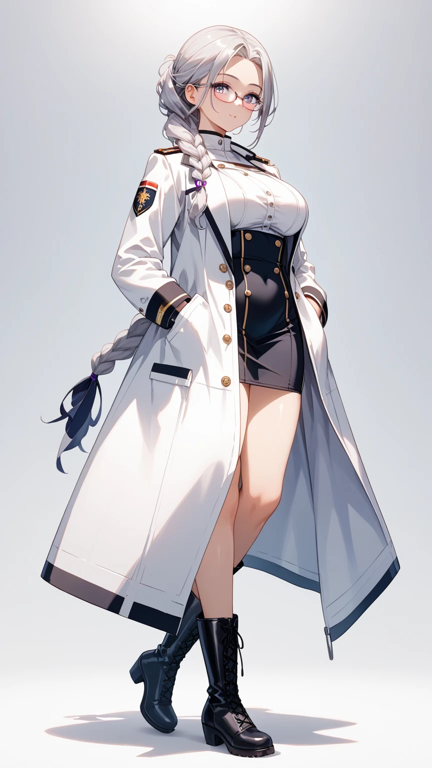 Tall girl, long blue hair, violet eyes, White jacket, white trousers, hat, open belly, Wide neckline on the chest, open breasts, purple lipstick, smirk, Masterpiece, hiquality