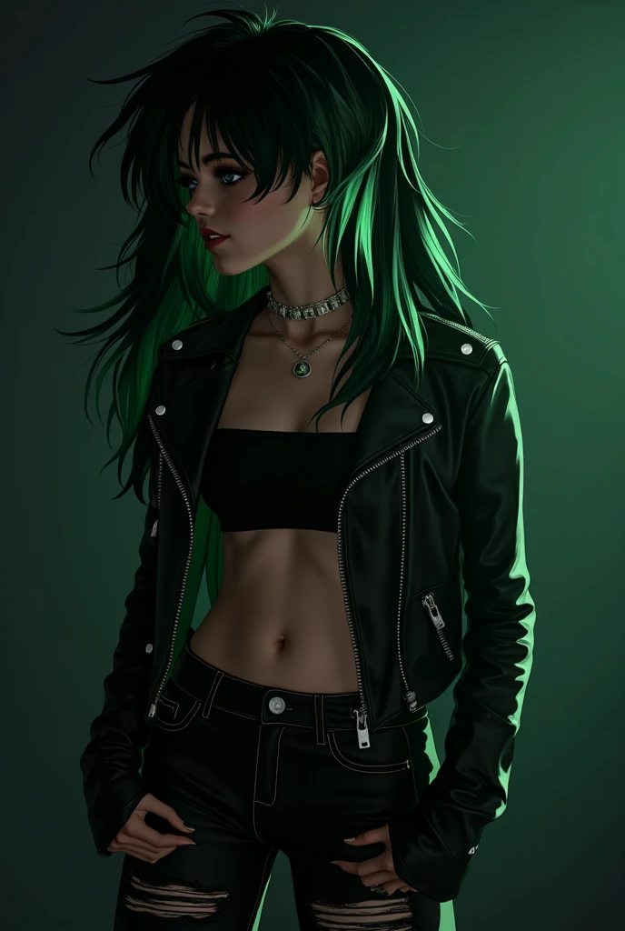 a one woman, blue colored eyes, black eye makeup, red lipgloss stick, long hair, slickedback hair, blue green hair, necklace with a black stone, black blouse, shorts bem curto, black shorts with pink hearts, cinematic lighting, wide shot, uhd, super detail, high details, high quality, best quality, highres, 8k