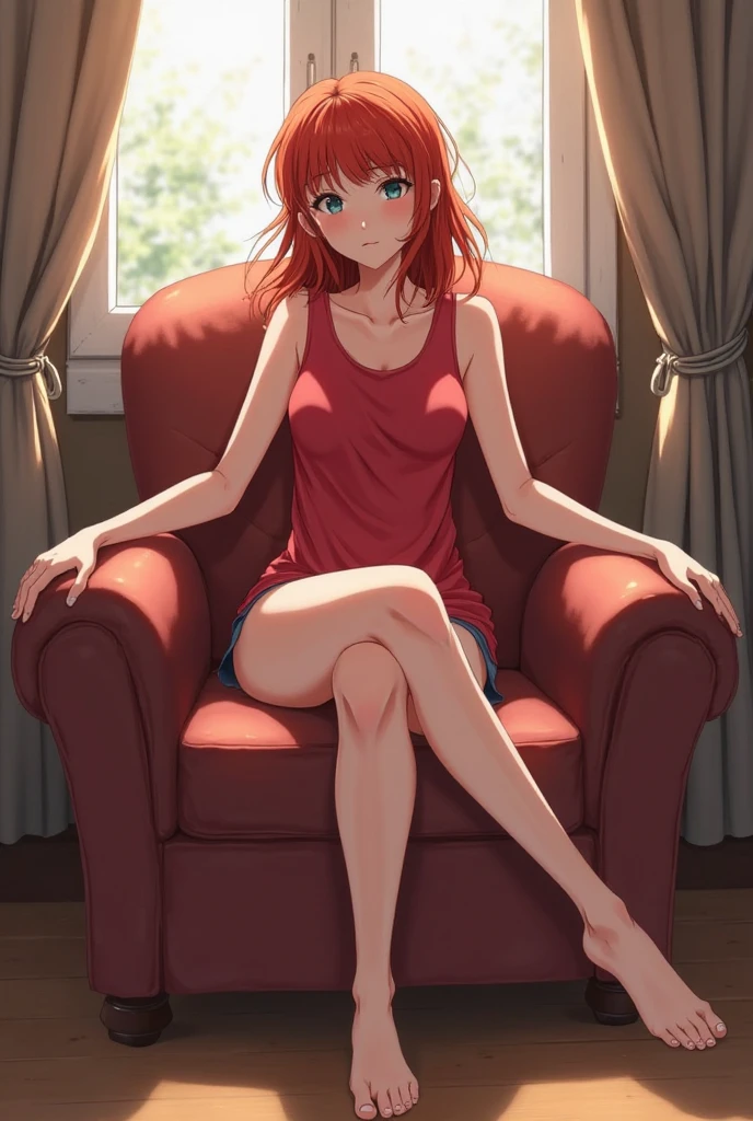 ((La mejor calidad)), ((Obra maestra)), (Detallado), Perfect face A young girl about 18 years old with curly red hair with eyes with heterochromia barefoot with beautiful feet