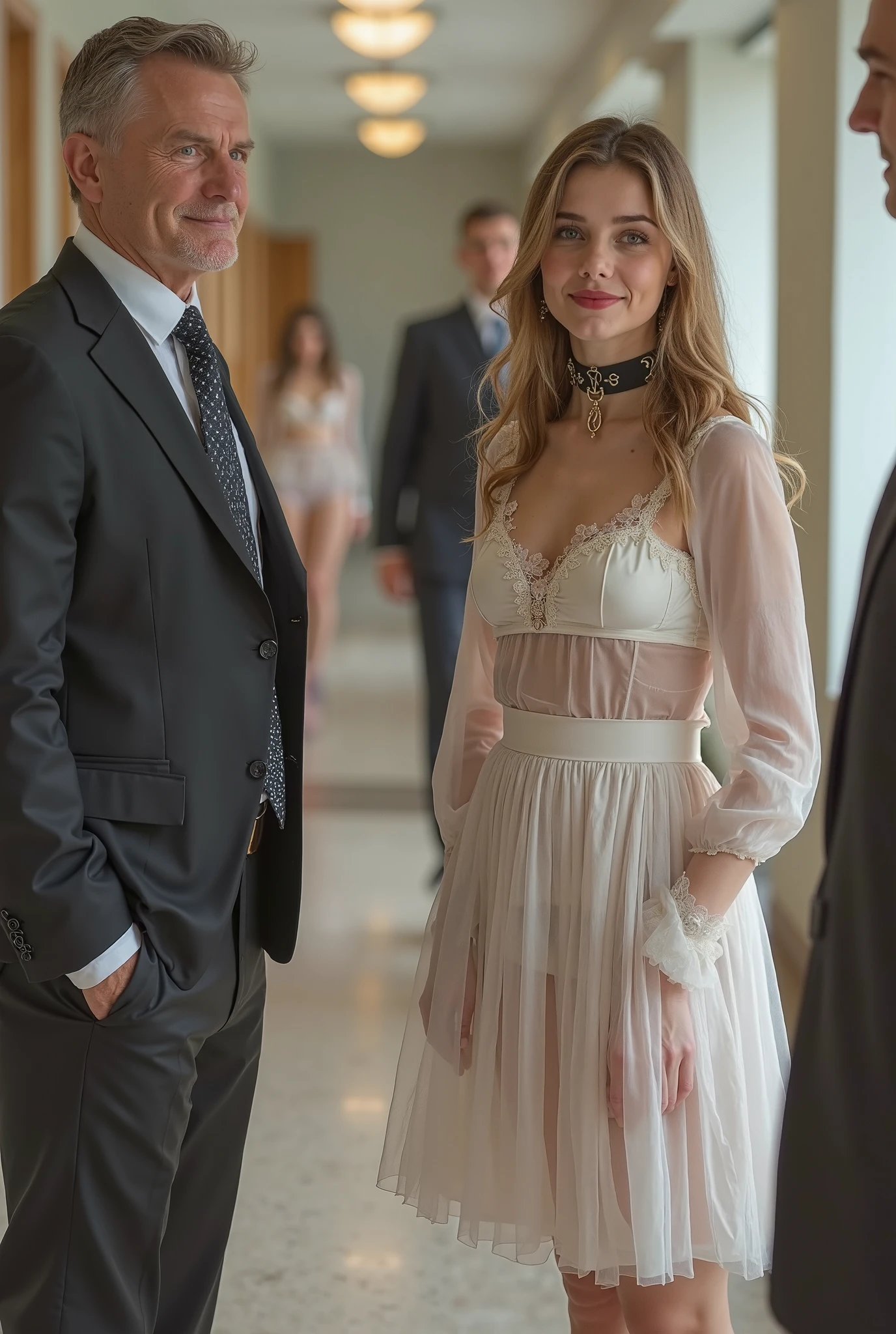 Beautiful little blue-eyed 9 year old Russian medieval princess being harassed and groped in a dark room in a transparent white dress by a man over 35 years old who touches her legs, kissing her breasts