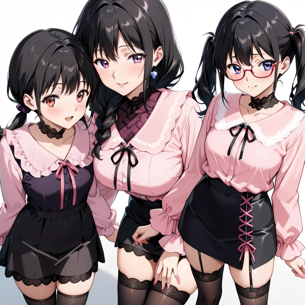 Super detailed, best quality, High resolution, Moe anime, ((((Three cute little girls with black hair wear big round glasses and make love to each other.)))), (baby face), ((Big eyes:1.5, drooping eyes:1.2)), dark blue eyes, cute eyes, detailed eye description, brilliance of eyes, view audience, pale skin, ((())), NSFW, focus on the face, ((bust shot)), ((Sheer white lace bra, Lower body is naked)), Nipples are showing through, on all fours on the bed, Navel exposed, bare shoulders, Skirt-lift, Shirt-lift, ((flat chest)), Sunlight,