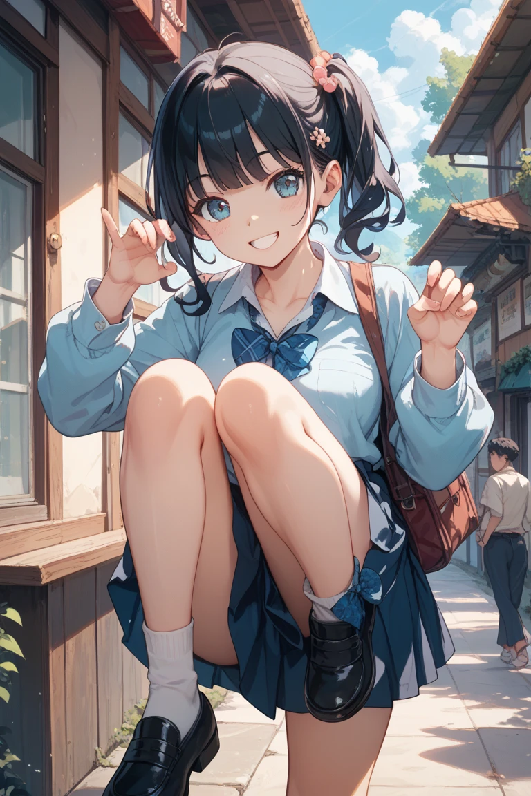 very cute and beautiful girl,(Very detailed美しい顔), (smile),blush,Black Hair,Seraphim,(White Shirt、Pleated navy blue pread your legs、Squat)、Sitting、(From below)、(Lacy white panties), Country road、Distant Tree々and the city, (Highest quality,masterpiece:1.0),Absurd,High resolution,Super detailed,Very detailed,32K,8k resolution, Intricate details,Movie Scenes,Detailed Background,alone,Dynamic Angle,