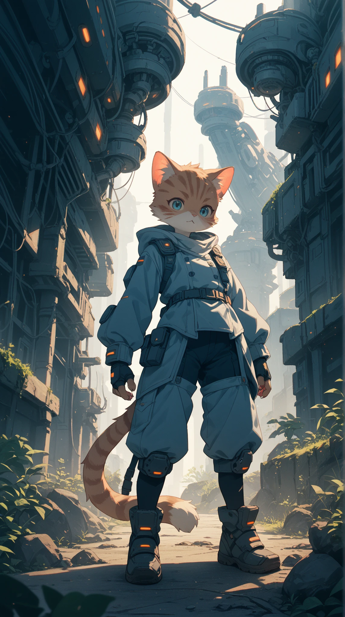 furry female pink crimson pattern cat bright pupils cat tail standing in gray uniform space female