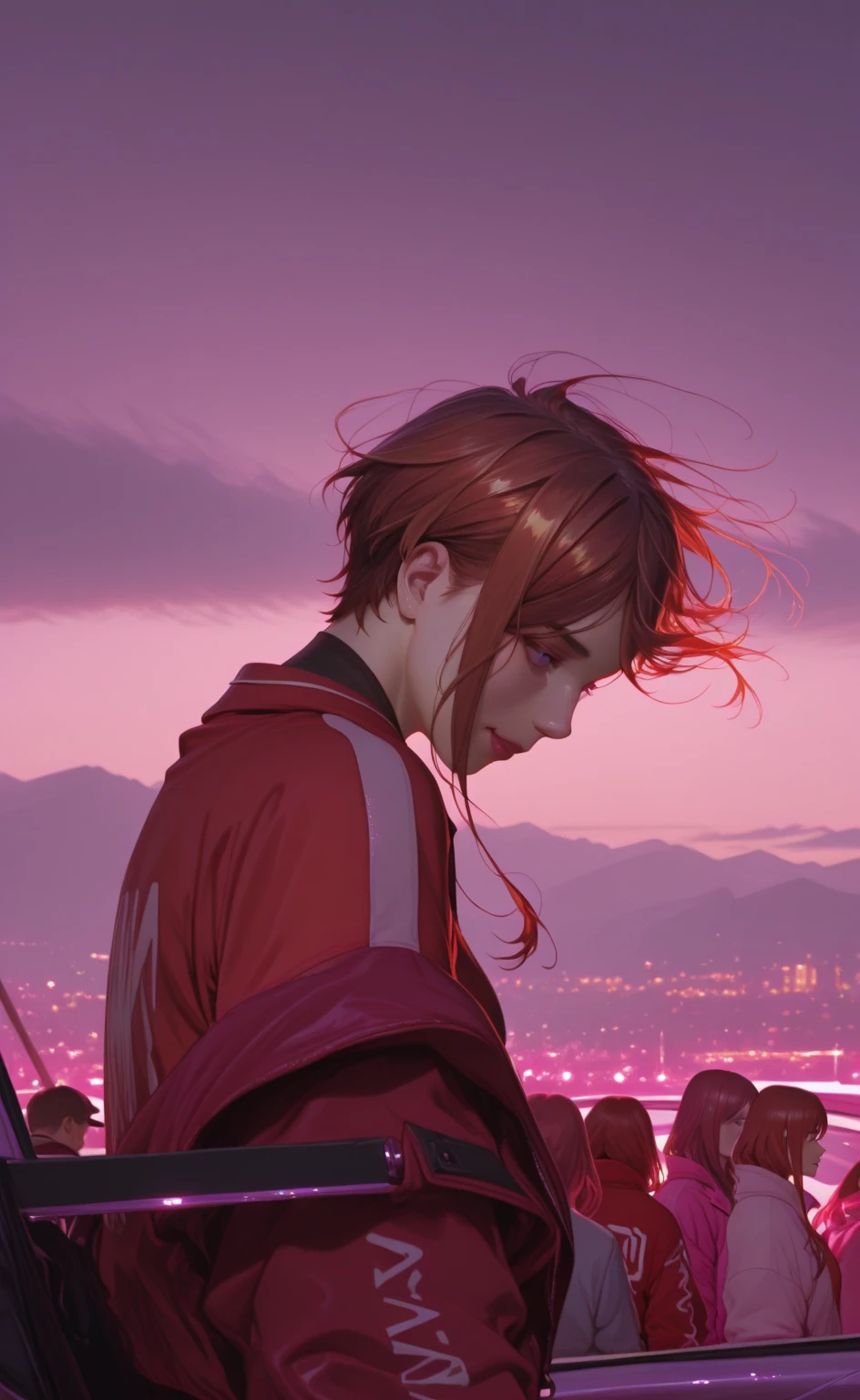 (masterpiece), (hyper quality), "female_character", "17_years_old", (long neck), (long body), "slender_figure", "faded_red_and_white_miko_outfit", "black_hair", "black_eyes", "dusk_field", "sunset_lake".