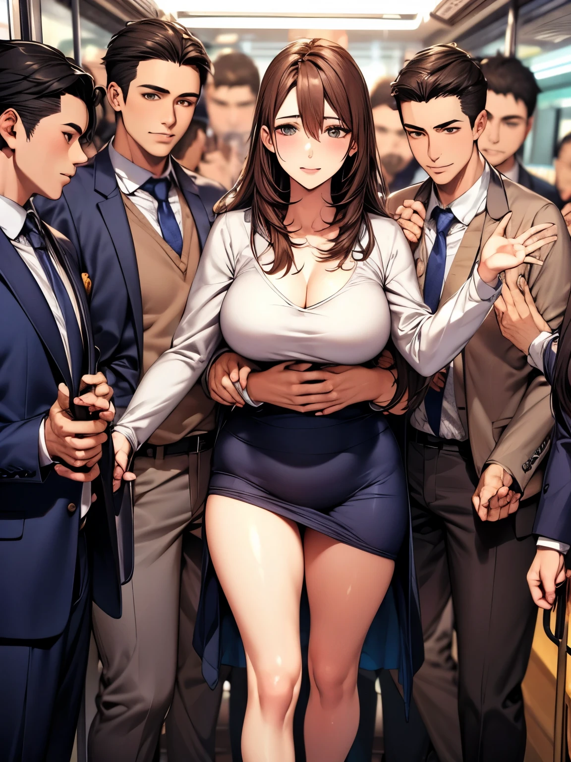 ((best quality)), ((masterpiece)), (detailed), (((perfect face))), ((((slender topless 16yo teenage girl with bare arms, bare shoulders)))), (((wearing dark blue pleated skirt))), (((brunette, brown hair))), ((ponytail)), (((shy:1.3))) ((blushing:1.5)), ((slender thighs)), ((slender hips)), (((girl looking away))), (((medium breasts))), ((((crowded classroom)))), ((((male teenagers in suits)))), ((((crowd of students in suits))))