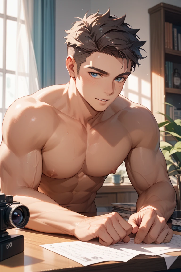 masterpiece, high quality, best quality, HD, actual, perfect lighting, detailed body, 1 person, short black hair, naked, thin waist，abdominal muscles，Smile, rest, wearing headphones, facing the monitor, in the room