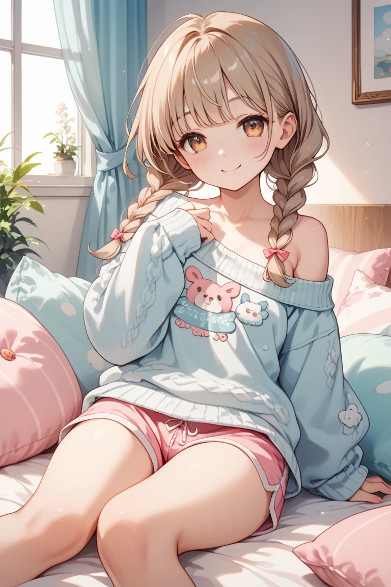 Masterpiece, Highly detailed, 4K quality, one girl, mature female, beautiful woman with curly brown hair and blond tips, green eyes, sweatshirt, short shorts, belly neckline, perfect belly, that show her thick thighs, gentle smile, pink lips, medium boobs, slightly chubby, bedroom background