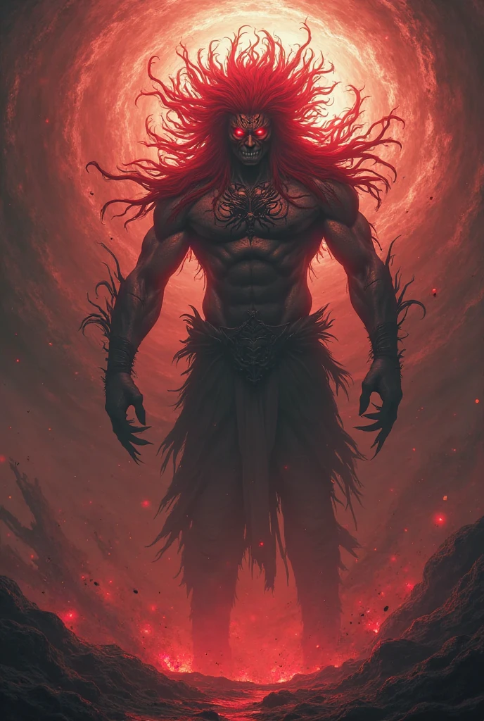 Anime. An abstract, dark silhouette of a character with two bright, glowing eyes. The character is surrounded by intense, neon flames or energy that gives a sense of power and movement. The silhouette's hair is wild and spiky, as if made of fire. The background is filled with swirling, vibrant energy, creating a supernatural and otherworldly atmosphere. The overall look is mysterious, with a strong neon and black color contrast, emphasizing the glowing eyes and energy.