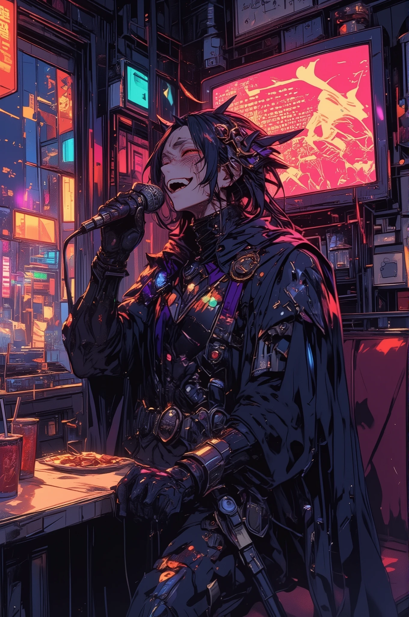 photorealistic cinematic scene of a dark lord in elaborate black and purple armor with a flowing cape and spiked crown, passionately singing enka into a karaoke microphone in a private booth, eyes closed and hand clenched as if holding back tears, dramatic spotlight on his face, glowing lyrics scrolling on a flat-screen TV behind him, untouched drinks and snacks on the table, velvet walls with retro wallpaper, surreal contrast between a final boss and emotional karaoke performance, warm lighting and rich textures