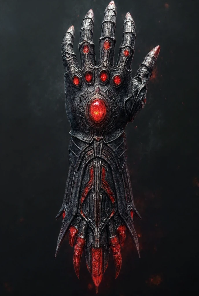 A dark, arcane gauntlet worn by a powerful vampire blood mage dragon. The gauntlet is forged from obsidian-black metal with crimson veins pulsating with magical blood energy. Elegant and menacing, it has dragon-scale textures, glowing red runes, and sharp clawed fingertips. The wrist is adorned with a coiling dragon motif, and the back of the hand holds a shimmering gem resembling a beating heart. Spikes and bone-like structures accent the design, blending ancient vampire aesthetics with draconic power. Enchanted mist surrounds it, and a faint aura of blood magic radiates from its core. Style: dark fantasy, ultra-detailed, high contrast lighting, intricate magical design, concept art, 4K.