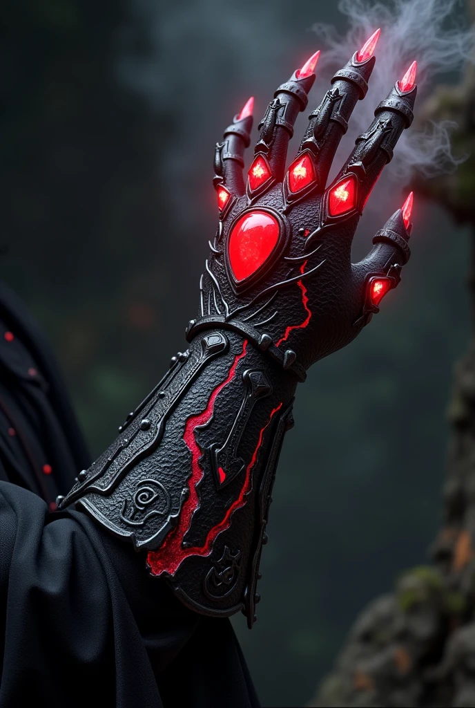 A dark, arcane gauntlet worn by a powerful vampire blood mage dragon. The gauntlet is forged from obsidian-black metal with crimson veins pulsating with magical blood energy. Elegant and menacing, it has dragon-scale textures, glowing red runes, and sharp clawed fingertips. The wrist is adorned with a coiling dragon motif, and the back of the hand holds a shimmering gem resembling a beating heart. Spikes and bone-like structures accent the design, blending ancient vampire aesthetics with draconic power. Enchanted mist surrounds it, and a faint aura of blood magic radiates from its core. Style: dark fantasy, ultra-detailed, high contrast lighting, intricate magical design, concept art, 4K.