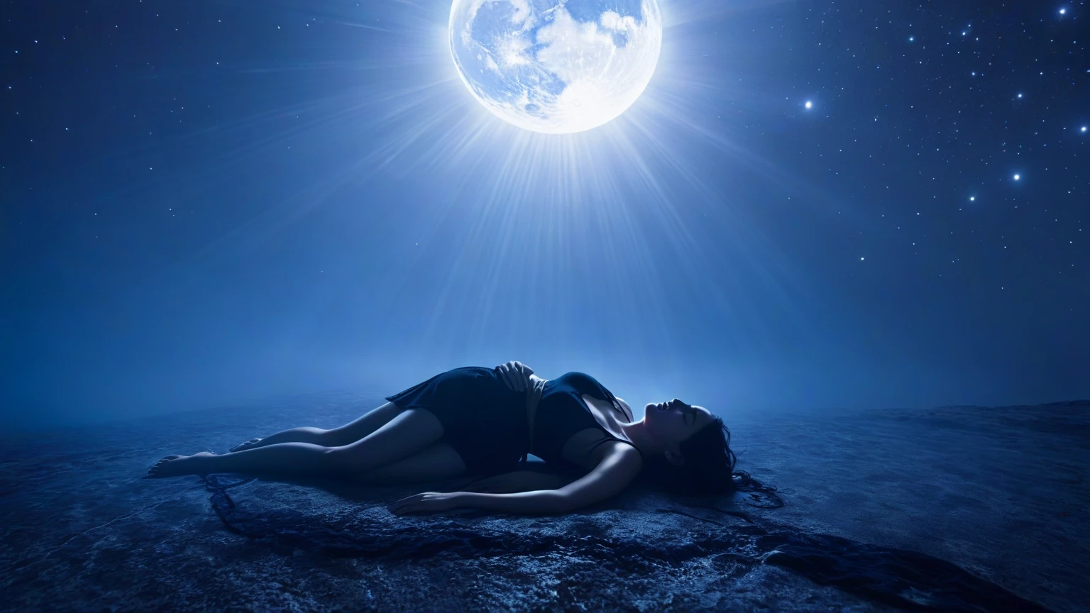 A woman with long black hair sleeps naked on the moon. The woman 2. Small candles are burning next to her and it is foggy. The woman lies on her back