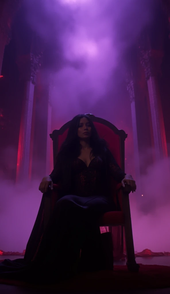 A young Brazilian woman with long hair down to her feet, Rapunzel style ,curly and black, IN A BLACK DRESS, barefoot, sitting on a golden throne with red roses,with a dead tree bleeding in the background, on a rainy night ,very dark night, a black haired asian man , in black pants and a black shirt standing next to her, with fire magic in his hands looking forward