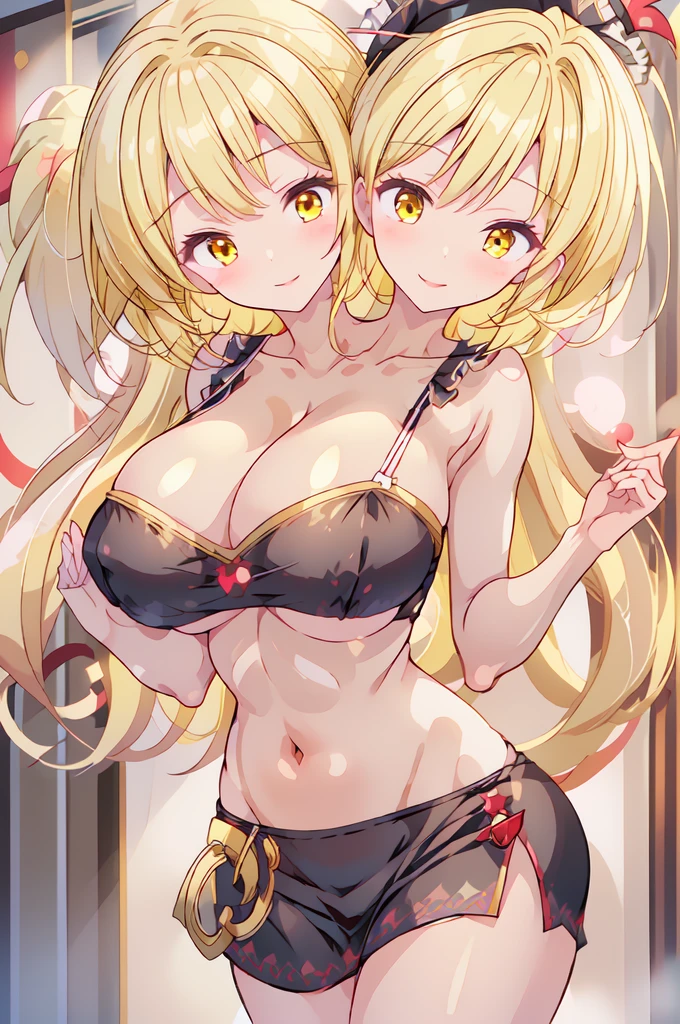 (3heads:1.3), 1girl, (anisum bikini:1.1), dynamic, pov, smile, v-shaped eyebrows, establish , tilt frame, blonde hair, horns, cute face, chubby, ((three headed girl)),