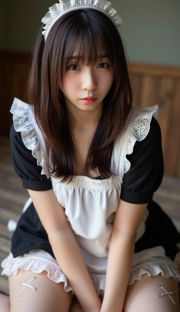 1 girl、maid、sitting、フリルソックス、from below、 Ashikiri、embarrassing、bike shorts、puffy lips、Toeless Legwear、cross lace legwear、masterpiece、Highest Quality、uncensored