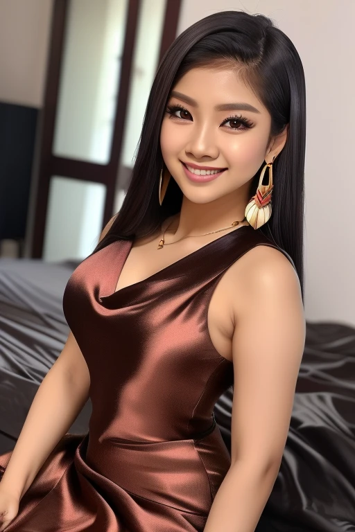 Beautiful Asian women, Black hair, brown eyes, ponytail, wearing a pink neon leather dress,gold necklace, wrist watch, (photorealistic: 1.4), smirk,big breasts, big tits, huge tits, busty, big fancy house, big breasts, humongous breasts