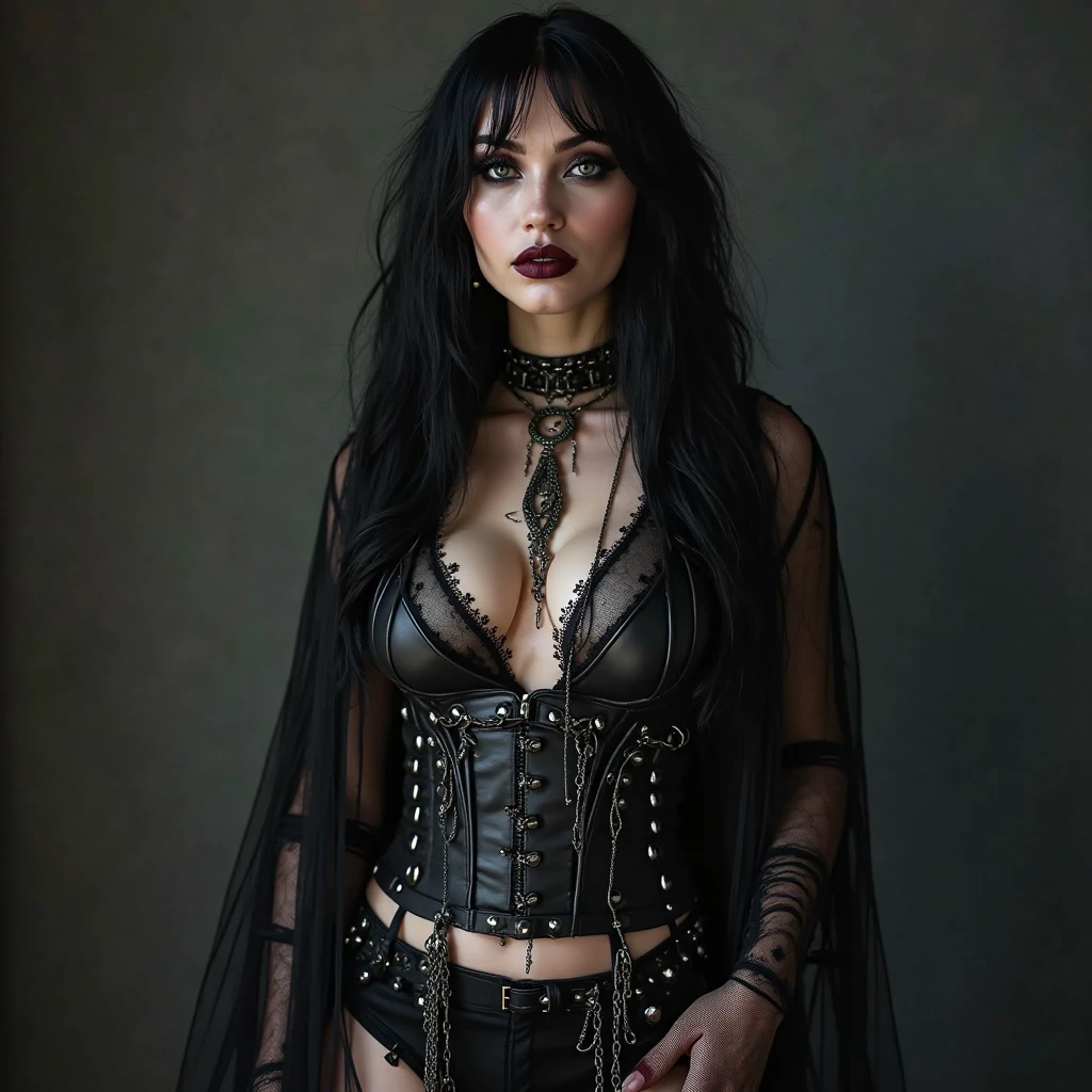 close-up photo of a woman in black open femdom clothes, full body shot, edgy and bold hairstyle, crop top, panties, Metal jewelry, Dynamic posture, handsome body, slim figure, small breasts, seductive cyberpunk dark fantasy, Sensual, Gloomy style, dark fantasy mixed with realism, goth girl, dominatrix in play, femdom in play, mistress, seductive, very beautiful goth top model, gothic horror vibes, The Queen of Dark Gothic, Gothic atmosphere, goth woman, Awesome and gloomy, ornamental gothic - cyberpunk, Gothic - Cyberpunk,