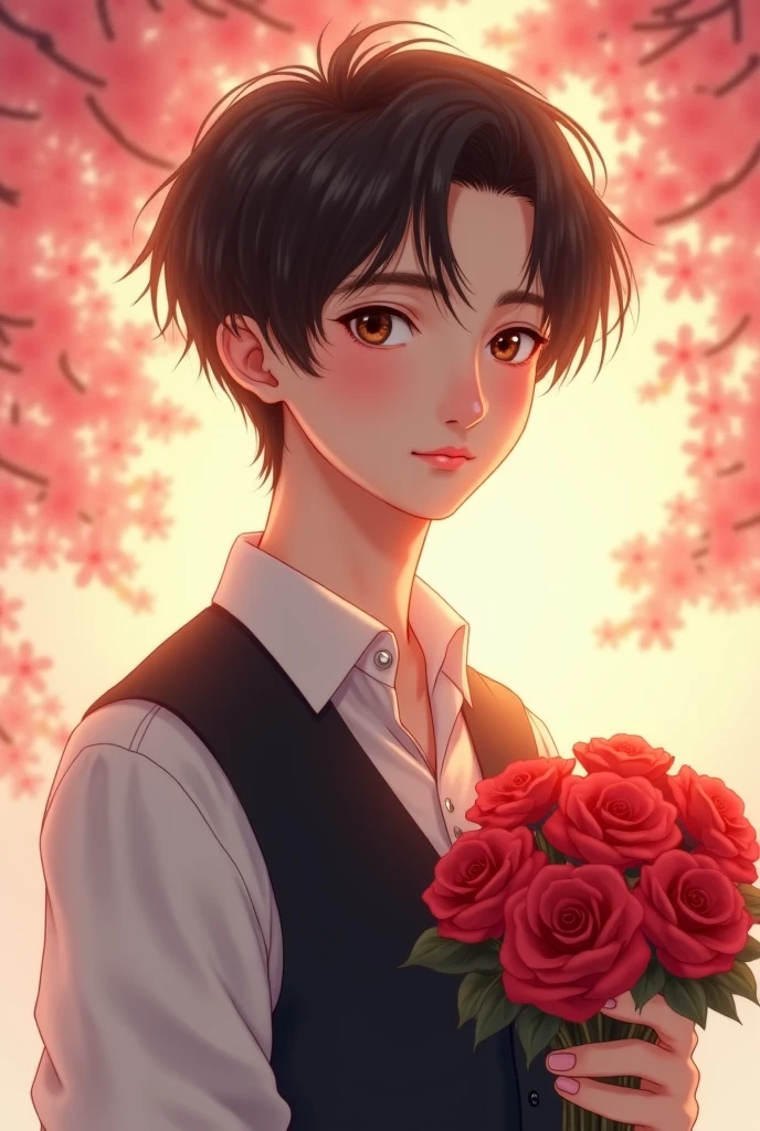 clew：A very handsome little boy，With his cute chicks，Enjoy a lovely spring outing surrounded by beautiful red flowers and nature。The illustration is a high-definition illustration in 4K resolution，featuring highly detailed facial features and cartoon-style visuals。