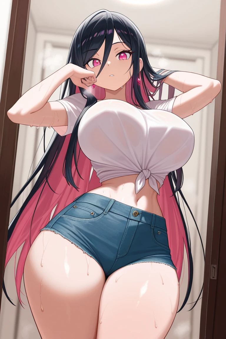 Japanese woman, 1.50 tall, long black hair with pink streaks, fair skin, eyes with realistic reflection, wearing panties, big breasts, 8k