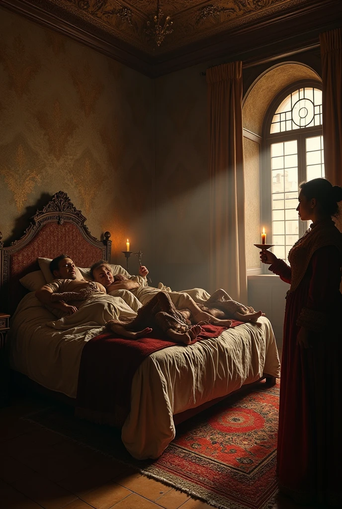 Setting set in medieval times.
Four half-naked women embraced and asleep in a large bed. Glasses and bottles of wine lying on the floor. A sword next to the back of the bed.