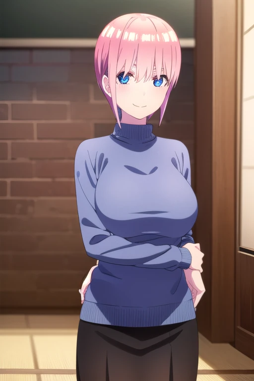 ((nsfw, nude,show off nipple,highest quality,aroused,beautiful busty,beautiful eyes,beautiful face,detailed eyes,beautiful pussy,1girl,side-tie panties, huge breasts,masterpiece, High resolution,best quality, masterpiece, high quality, insanely detailed, one girl,)), ((ichika nakano,Sedwardian Maid,)), one-piece , breasts, pantyhose, blush, smile, standing