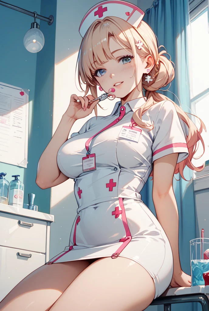 1girl in, (Solo:1.2), (Beautiful and detailed eyes description), (beautiful and detailed face), Perfect female body, neat figure, Slender waist, (Young Girl), (20 years old), Long hair, Platinum Blonde Hair, Very big eyes, Blue eyes, medium breasts, blush, Shy, watery lips, Nurse, (nurse dress), Nurse Cap, Unbuttoned, (White Gloves:1.2), (White pantyhose), high-heels, Necklace, earrings, Indoors, school nurse, Hospital bed, window, White curtains, Sunlight, Squatting, (Best Quality), (ultra-detailliert), (masutepiece), (hight resolution), (Original), (the Extremely Detailed CG Unity 8K Wallpapers), Character Design, Game CG, Detailed Manga Illustration