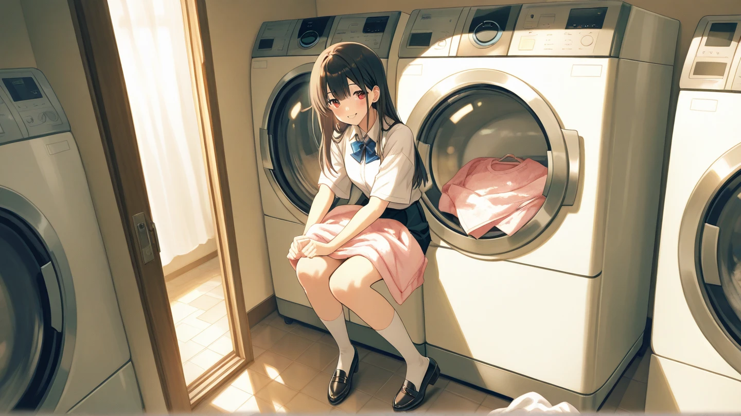 pastel color,
nude, nipples, smoke, cigarette,
1girl, solo, long hair, skirt, brown hair, shirt, school uniform, white shirt, ponytail, short sleeves, shoes, socks, bag, blue skirt, profile, squatting, cat, white footwear, fish, bubble, tiles, black cat, wide shot, washing machine,
nsfw, sexy,
<lora:ichigo-04:1>