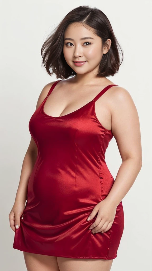 Mulher realista de 1,58 de altura,com corpo estilo ampulheta, e cabelo cacheado,vestida com vestido vermelho e colado no corpo,with a maximum weight of 62 kg