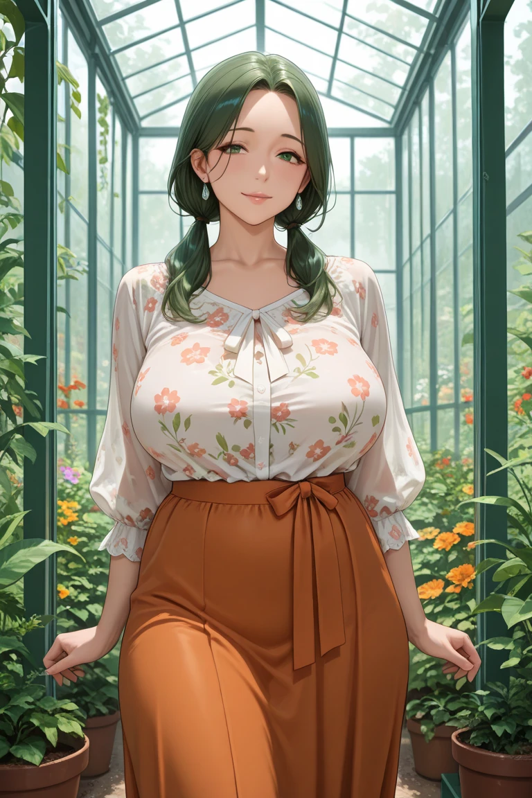 perfect eyes:1.2, detailed eyes:1.4, miyoshi, medium hair, twin braids:1, black hair, green eyes, glasses, leaning forward, metal frame glasses, blunt bangs, fringe, indoors, huge breasts, narrow waist, long skirt, floral print, cleavage, red shirt, off shoulder, beautiful body, medium full shot, thigh-level shot, 1girl,(masterpiece:1.6, best quality),