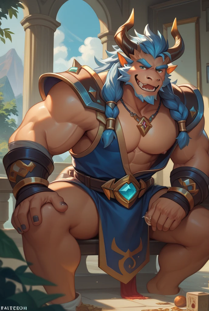 A burly, virile, and hairy dragon, exuding the irresistible charm of a himbo muscle daddy. His middle-aged features, adorned by a long, bushy beard and a thick mustache, reveal a life of experience and adventure. His body, sculpted into a warrior's build and a bodybuilder's physique, is a testament to his unyielding dedication to physical fitness. The hair on his chest and belly forms a carpet of thick fur, while his hairy arms and legs are adorned with a natural, untamed layer of hirsute. Every muscle on his overmuscular and musclebound frame is defined and bulging, veins pulsing beneath the surface, hinting at his incredible strength. Despite his advanced age, his grey hair only adds to his handsome and dreamy appearance.