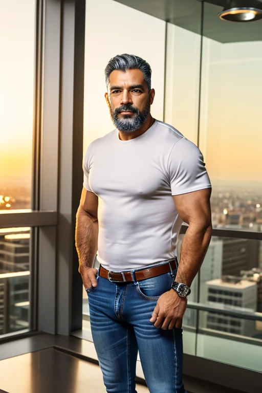 (Highest quality, amazing details: 1.4), masterpiece, original characters, natural volumetric lighting and best shadows, deep depth of field, sharp focus, portrait of man 45 years old incredibly beautiful muscles, half body, handsome face manly, beard, attractive with clear eyes, seductive smile, short gray hair shaggy, black shirt, leather pants, (messy painted body: 1.05), (stores background: 1.15), shopping street, (standing on front of store window: 1.2), picturesque, overexposure, photorealism, photorealistic, nsfw, sexy,, sharp, focused, centered, sensual, HD, 8k, DSLR, RAW