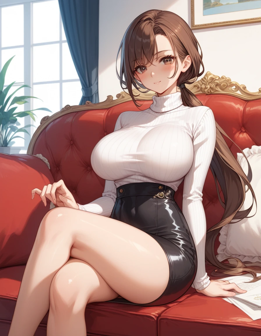 anime girl with long brown hair and a cat ears, anime girl with long wavy hair, beautiful anime girl, brown eyes, cleavage, big tits, nsfw, full body, black collar with bell, sexy pose, full body, hands behind back, fishnet leggings, short skirt, black crop top