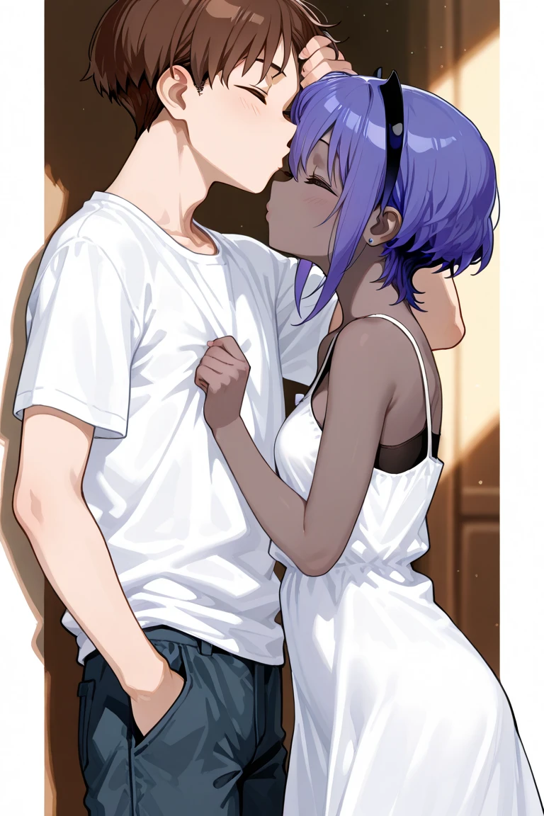 Long purple hair,big brest,thicc tigh,kissing aman,white shirt,micro_skirt