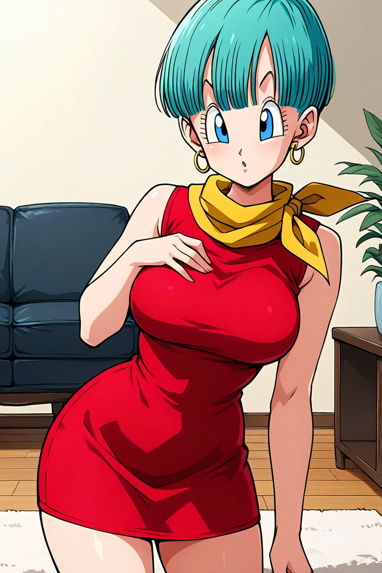 Masterpiece, best quality, high-res, 1girl, solo, bulma, short hair, aqua blue hair, bangs, blue eyes, Round earrings, Scarf, yellow scarf, dress, red dress, Tight dress, short dress, Sleeveless, sleeveless dress, off the shoulders, Jewelry, sexy pose, looking at the viewer, living room, curvy body, perfect anatomical proportions, front view,