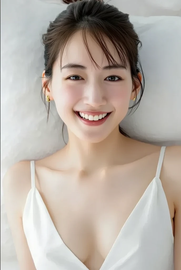 (Ultra Real), (Illustration), (High Resolution), (8K), (Very Detailed), (Best Illustration), (Beautiful Detailed Eyes), (Best Quality), (Ultra Detailed), (Masterpiece), (Wallpaper), (Detailed Face), Bed, Upper Body Up, Armpits, Smiles, Plump,Solo,Simple White Tank Top Girl, Sweaty, Japan Person, Big, (Camel Toe)