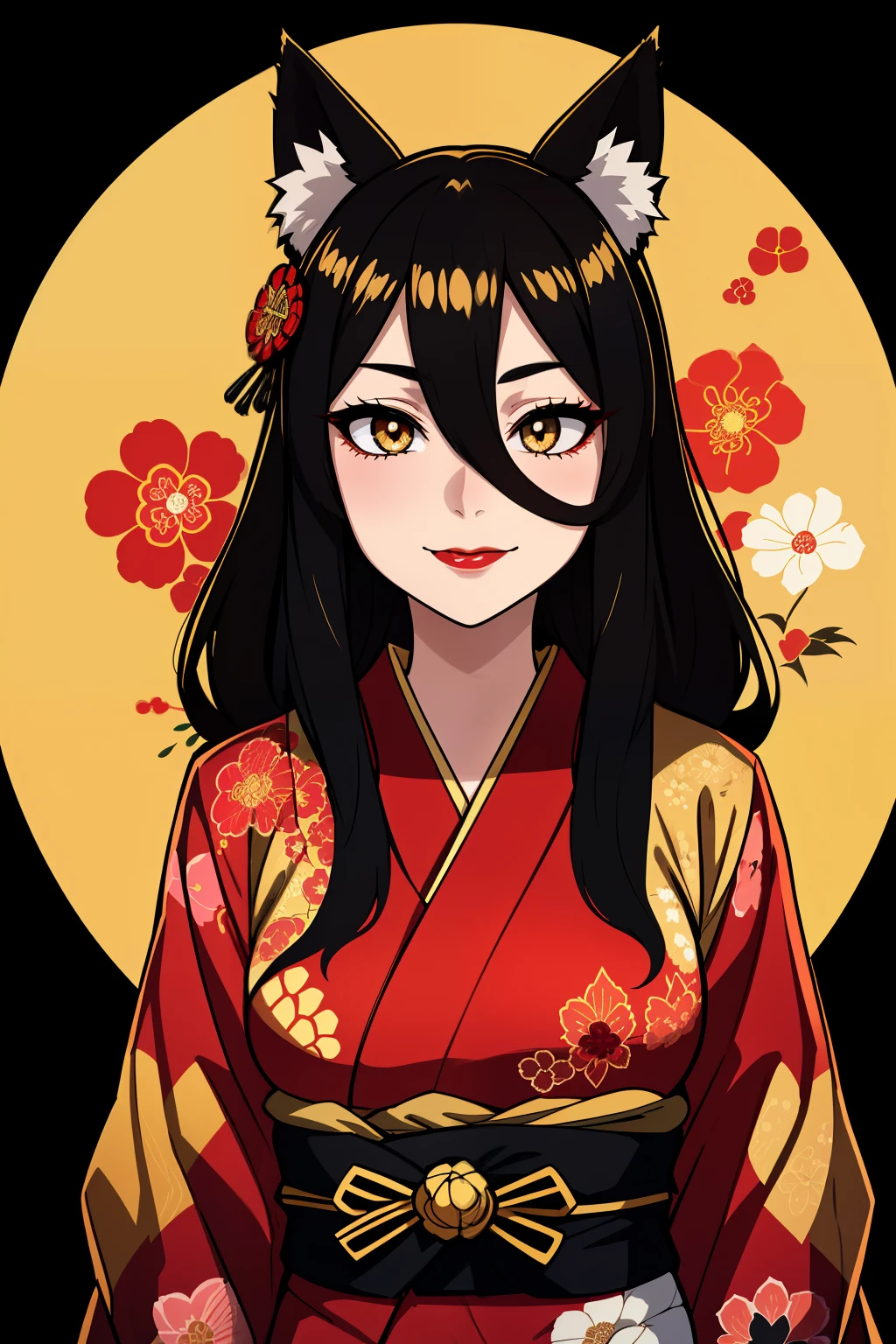 (high-quality, breathtaking),(expressive eyes, perfect face), symmetrical eyes, 1girl, female, solo, young, black hair , gold coloured eyes, gentle smile, long hair, loose hair, hair between eyes, japanese clothing, colorful kimono, floral print, black fox ears, mischievious, trickster, red lipstick, red eyeliner
