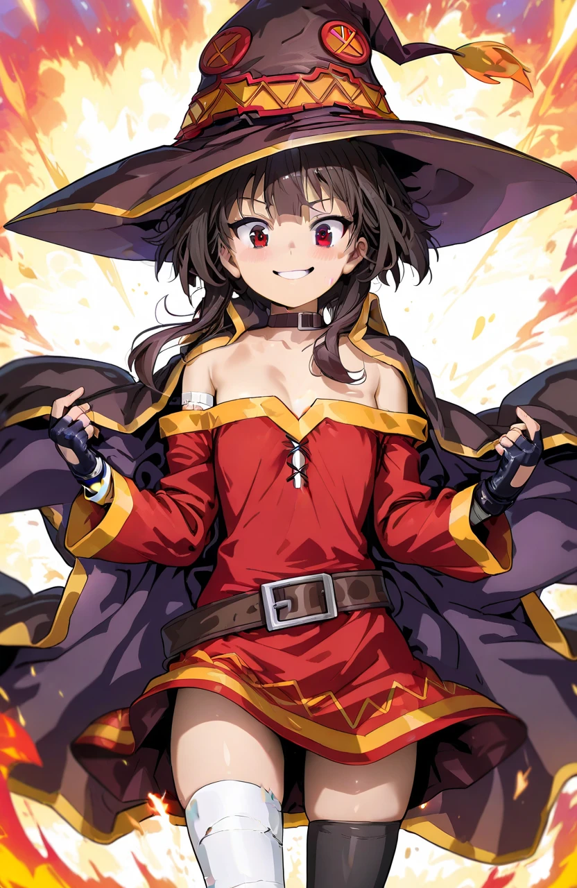highest quality, masterpiece, High resolution、Cowboy Shot、１People Girls、Red eyes、short hair、Brown Hair、choker、clavicle、short hair with long locks、Side Lock、Small breasts、Witch Hat、Black Cape、Black knee socks、bandage、Red dress、Black gloves、Single knee socks、belt、Orange boots、Asymmetrical legwear、bandageを巻いた足、Long sleeve、Fingerless gloves、V-shaped eyebrows、Open your mouth、pose、Dynamic pose、Fighting、Uses magic、Fantasy、