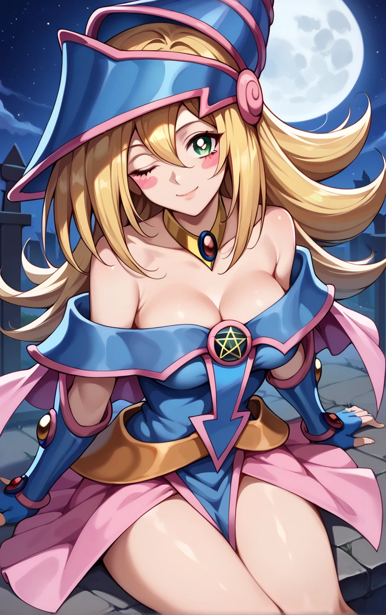 (Obra maestra:1.2), (La mejor calidad:1.2), Perfect lighting, Chica Maga Oscura, touching her and  a heart with her fingers, flotando en el aire, tetas grandes, escote, fondo de magia. Corazones transparente en el hambiente, blue robe, sombrero grande, desde arriba, Destellos de magia