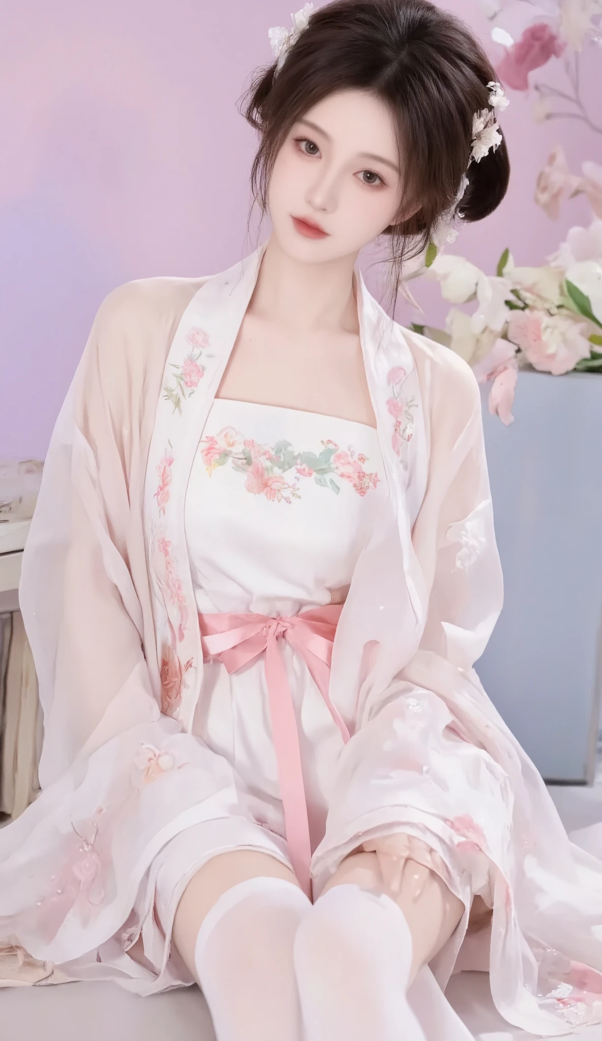 robe ，1 beautiful girl, [[  eyes, 白flower, ribbon, Chest,  白色 Chinese clothing   ,    Chinese clothing   , skirt, flower, Gradient   , Gradient    background, embroidered ball flower, Watch the audience, small Chest, white pantyhose, Single, thigh 连裤袜
